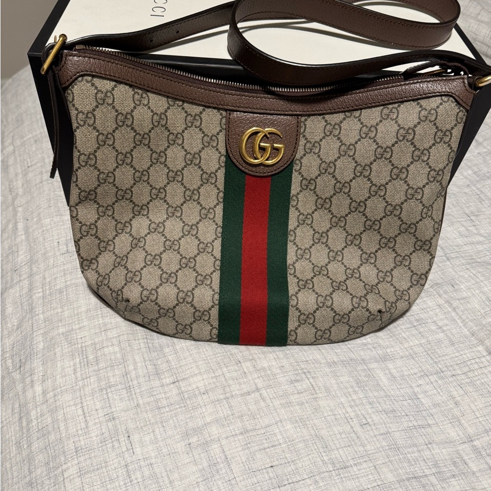 Gucci Beige and Brown Shoulder Bag with Red and Green Stripe